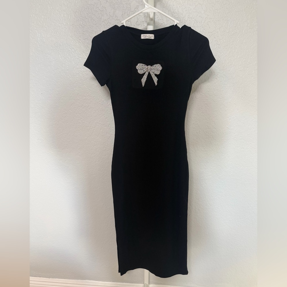 NWT Chic Black Midi Dress with Bow Accent